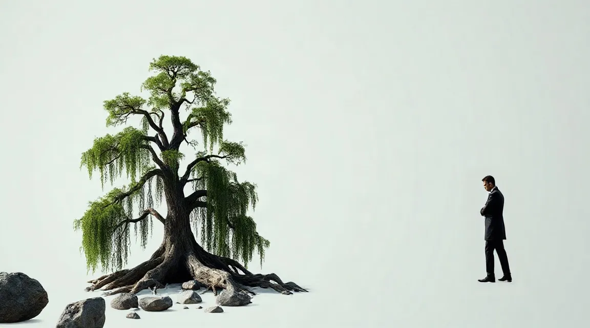 A willow-like tree on a pale background with a small standing figure beside it (illustration)