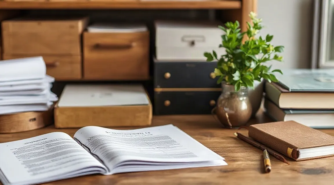 Wooden desk with an open booklet, document boxes and a pen, suggesting organised personal papers