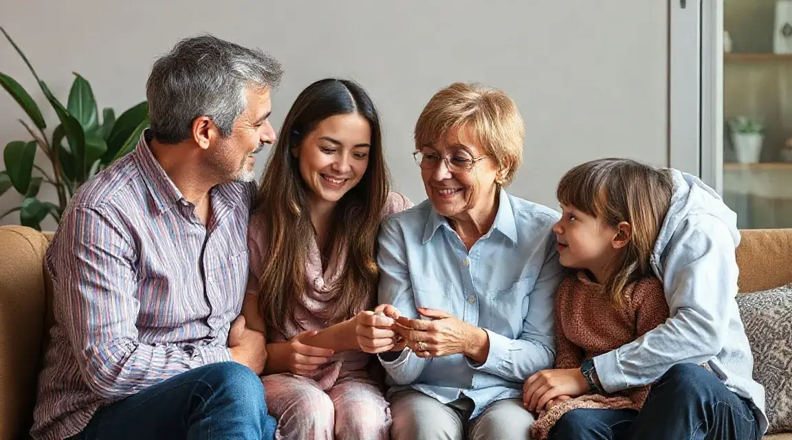 Parents, a teenager, a grandmother and a child sitting close together on a sofa and talking (illustrative image)