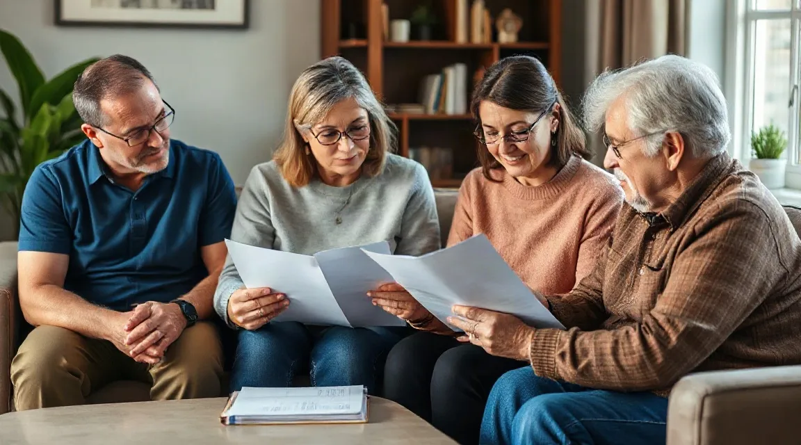 Four adults of different ages sitting on a sofa and reading papers together (illustrative image)