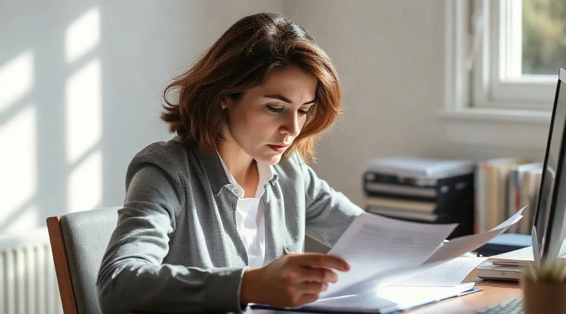 A woman at a desk by a window reading through a document (illustrative image)